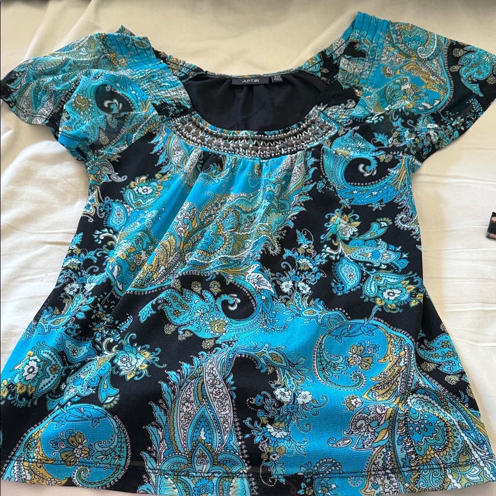 Apt. 9 Women's Turquoise and Black Paisley Blouse